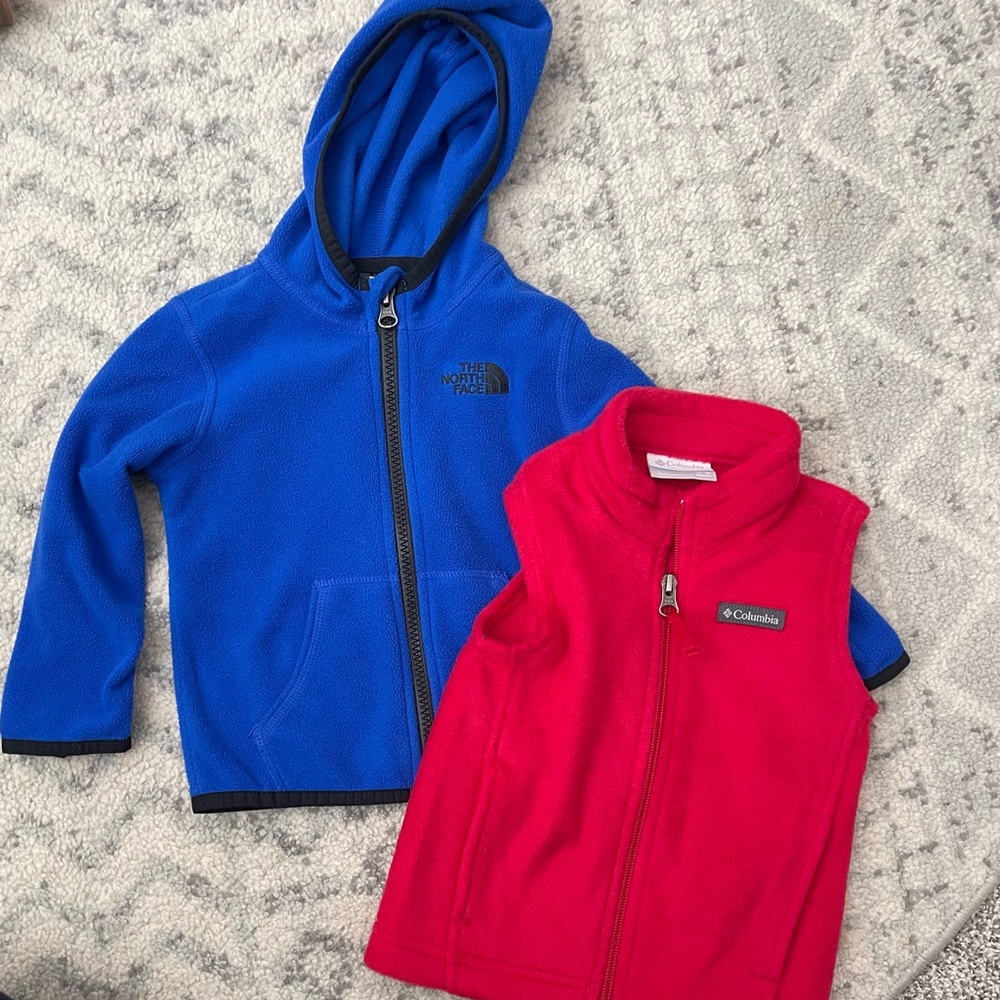 Columbia Red Fleece Vest & Blue Northface Jacket